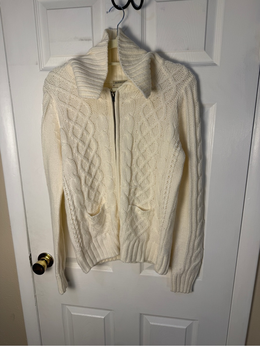 St. John’s Bay Vintage Cream Cable Neck Zip Up Sweater Oversized Collar LT